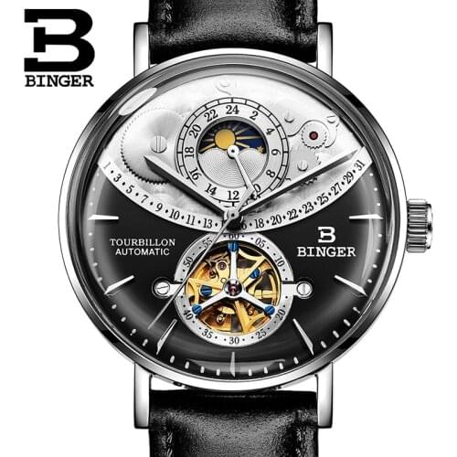 Switzerland Automatic Watch Men BINGER Skeleton Mechanical Men Watches Fashion Leather Clock Relogio Masculino Waterproof Black