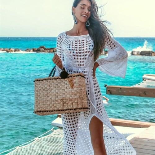 Crochet Knitted White Beach Cover up dress Tunic kaftan Hollow Out Bikinis Cover ups Swimsuit Cover up Beachwear Beach Pareo