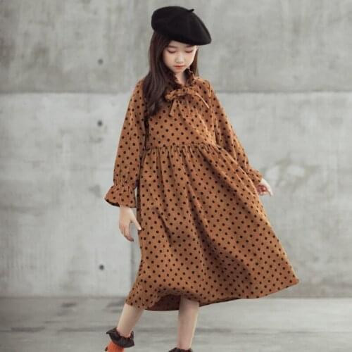 6Y To 16Y Corduroy Kids Dresses for Girls Midi Dress Autumn 2020 Polka Dot Bow Children Party Dress Elegant Baby Clothes, #9158