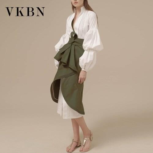 VKBN 2021 Autumn Fashion 2 Piece Sets Womens Outfits Stand Collar Office Lady Lantern Long Sleeve Blouse+ Irregular Skirt