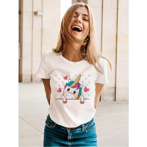 Cute Unicorn Love Print Women T Shirts Family Minimalism Femme Short Sleeve Tumblr Aesthetic Graphic Streetwear 2021 Top