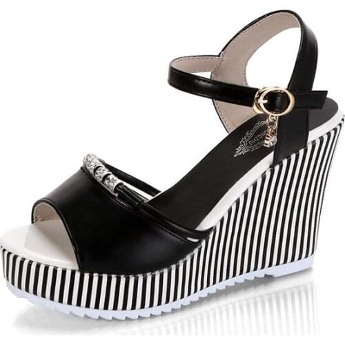 2021 Summer New Style Women Super High Heels Sandals WOMENS Wedge Shoes Buckle Diamond Stripes Fish Mouth Platform Rome Shoes