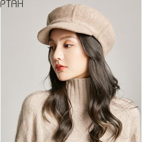 [PTAH] Women Girl Beret Artist Warm Cotton Octagonal Flat Cap Autumn Winter Beanie Hats Caps Vintage Beret Hats Solid Color Hats
