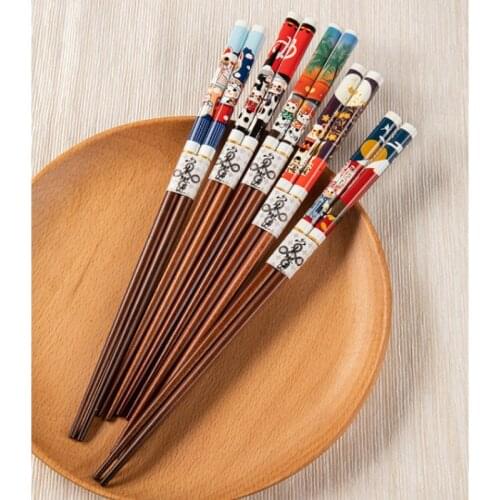 5Pair Reusable Set Handmade wood Japanese Natural Wood Chopsticks Sushi Food Cat Flower Multi color korean kitchen supplies