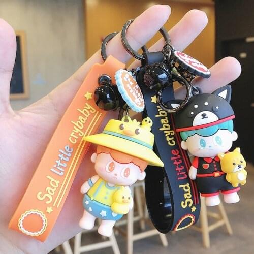Cartoon Trend Hooded Boy Doll Keychain Sad Little Crybaby Keyfob Men Boyfriends Car Backpack Pendant Resin Key Ring Gift
