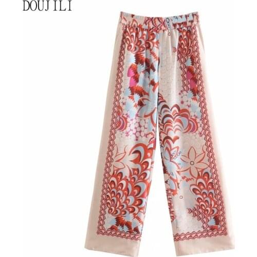 DOUJILI 2021 New Summer Mid Wait Pants Colorful Printing Width Loose Long Trousers Fashion Ladies Pants