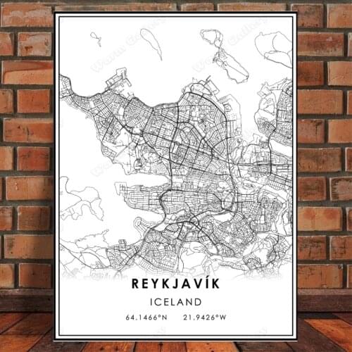 Iceland World City Reykjavik Map Canvas Wall Art Cities Poster and Prints Decorative Picture for Living Room Home Decor