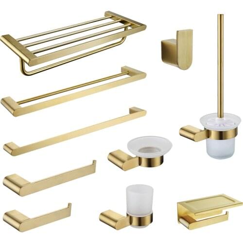 Brushed Gold Bathroom Accessories Hardware Set Towel Bar Rail Towel Rack Paper Holder Robe Hook Soap Dish Toilet Brush