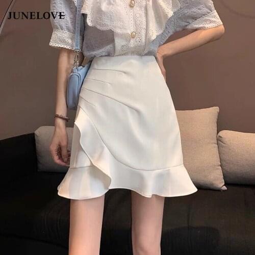 Solid Elegant Sweet Skirt Women Ruffles Designer High Waist Slim Mini Skirt Summer A-Line Office Lady Casual Fishtail Skirt 2021