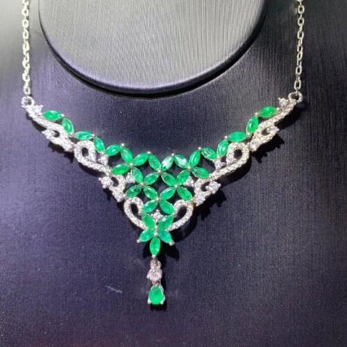 Natural green Emerald Necklace Natural gemstone Pendant Necklace 925 sliver Luxurious Clover water drop women girl gift Jewelry