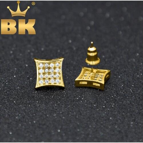 Stud Hiphop Earrings CZ Bling Cubic Zirconia Women Men Fashion Push Back Gold Silver Earring 12mm*12mm Punk Style Jewelry