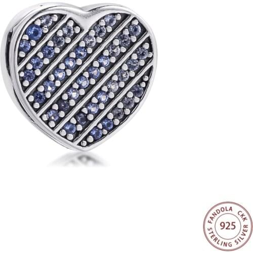 Blue Pave Heart Clip Charms Fits Pandora Reflexions Bracelet 925 Sterling Silver Stopper Beads for Jewelry Making Kralen