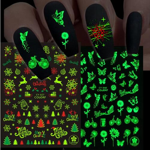 Merry Christmas Luminous Nail Stickers Fluorescent Xmas Winter Sliders for Nails Charms Glow in Dark Manicure Decals BECY019-027