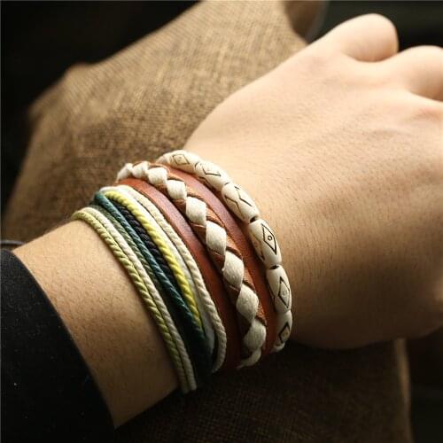 Trendy Black Brown Genuine Leather Woven Men Bracelets For Women Bangles Wood Beads Homme Gift Jewelry 3 Pcs/set