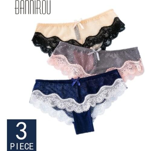 BANNIROU Sexy Lace Underwear For Women Dot Breathable Woman Panties Hollow Transparent Female Panties Woman Briefs M-XL 3 Pcs