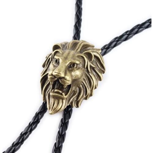 Vintage Western Cowboy Mens BOLO Tie Slide Clip Lion Head PU Leather Rope