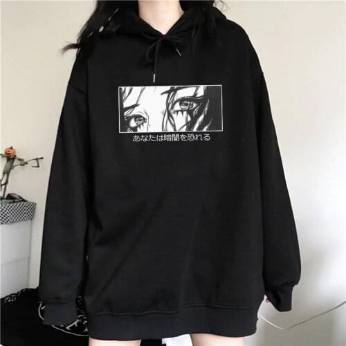 Japanese horror letter large size punk fun fashion casual hip-hop long sleeve plus velvet Vintage tops Ulzzang hooded sweatshirt