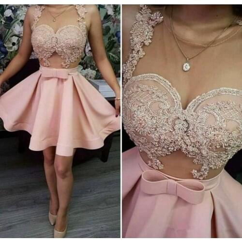 Prom dress Sleeveless Short Skirt Blush Pink Applique Pearls Illusion Sexy Evening party prom gowns 2019 New Coming Prom Dresses