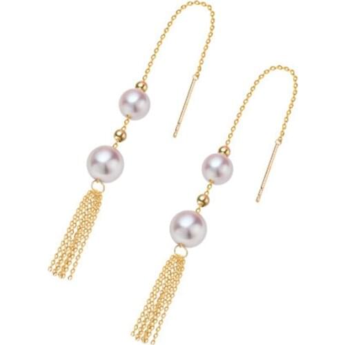 Sinya Trendy Pure 18k gold long chain tassel earring with Natural Round pearls high quality fine jewelry for Women girls Mum