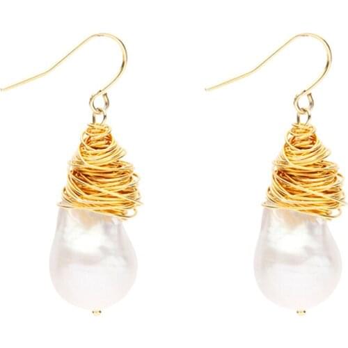 Trendy Unique Semi-Baroque Pearl Drop Earrings Elegant Gold Color Plated Copper Wire Handmade Jewelry Earrings for Women
