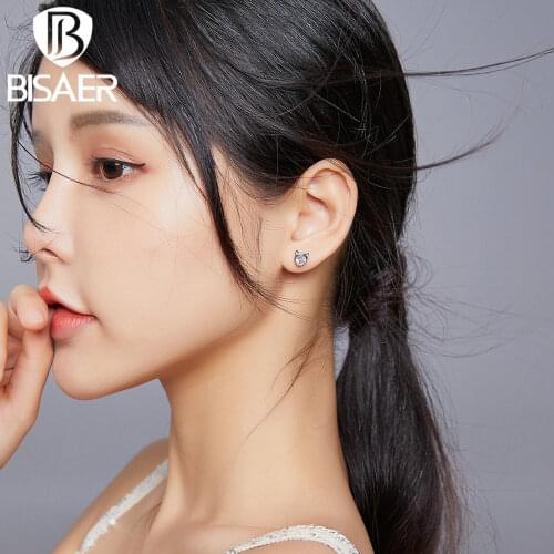 BISAER Cute Kitty Cat Stud Earrings 100% 925 Sterling Silver Animal Tiny Earrings For Women Small Earrings Jewelry Gift ECE899