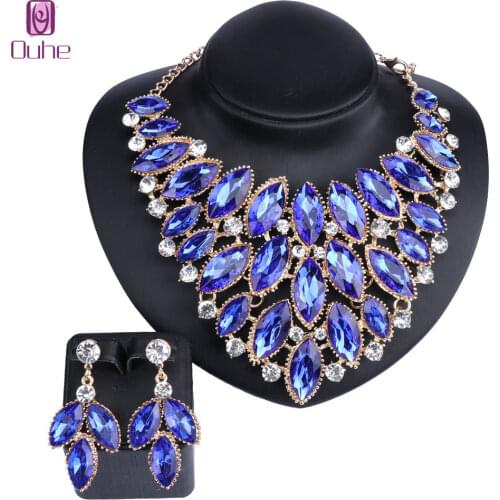 Women Accessories Wedding Bridal Party Crystal Pendant Statement Necklace Earring Resin Gem African Beads Jewelry Set 6 Colors