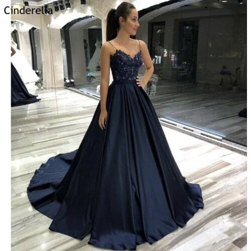 Crystal Prom Dresses V-Neck Spaghetti Sweep Train A-Line Zipper Back Satin Lace Crystal Prom Dresses vestidos de fiesta de noche