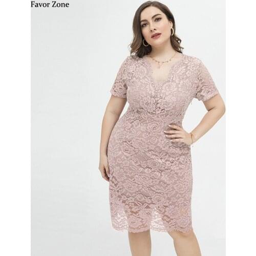 Tender Women Elegant Lace Plus Size Midi Dress Summer Slim Straight Short Sleeve Sexy V Neck Large Size Party Dresses Vestidos