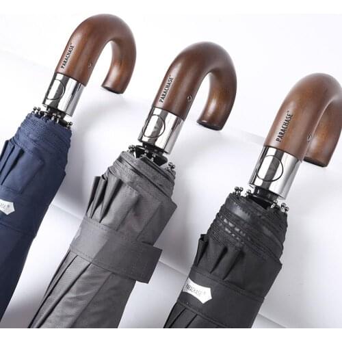 PARACHASE Automatic Folding Umbrella Men Women 10K Strong Windproof Rain Umbrellas Anti UV Sun Protection Wooden Handle Parasol