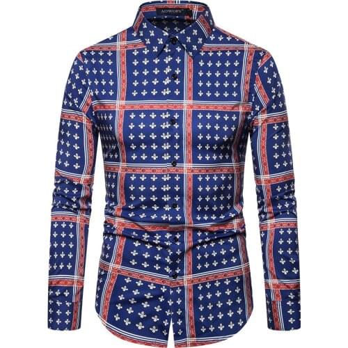 2019 New Fashion Men Boutique Pattern Lattice Printing Shirt Mens Leisure Business Elastic Long-Sleeve Shirt Size S-2XL