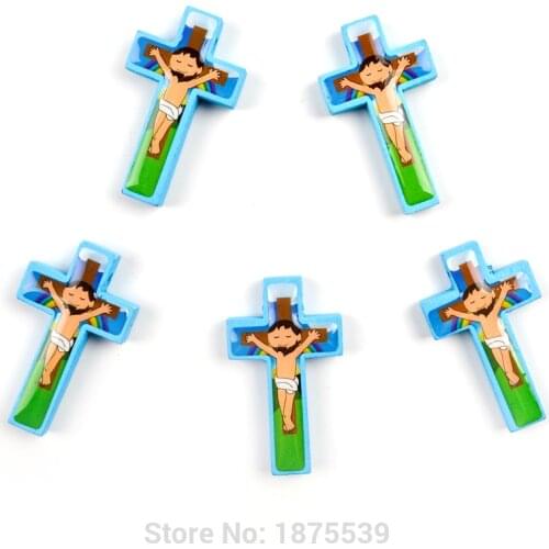 42x24 mm Blue Pink Wood Cross With Color Jesus Picture 30 pcs Kids Gift Crosses