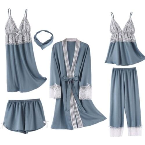 Women 5Pcs Pajamas Set Floral Lace Bow Sleepwear Chest Padded Lounge Nightgown