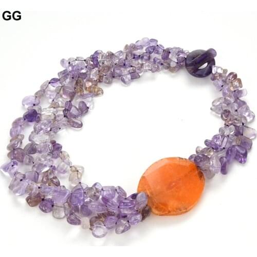 GG Jewelry 20'' 4 Rows Beautiful Natural Purple Amethysts Nugget Beads Orange Agate Chunk Necklace For Women
