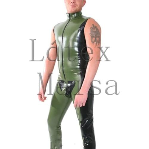 Made of 0.4mm thickness natural army green latex bodysuit one piece with cod piece attached front zip with black trim decoration