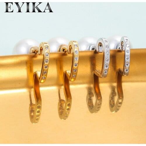 EYIKA Trendy Half Love Heart Small Stud Earring Inlaid Cubic Zircon Pearl Aretes Gold Silver Color Elegant Women Wedding Jewelry