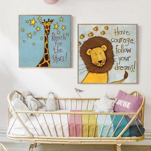 Square Poster Cartoon Animals Art Prints Lion Monkey Giraffe Wall Pictures Kids Room Boys Bedroom Canvas Painting Home Decor