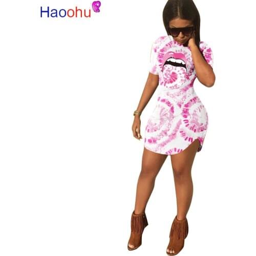 HAOOHU summer women tie dye print o-neck short sleeve side split bodyson midi fashion streetwear mini tee dresses