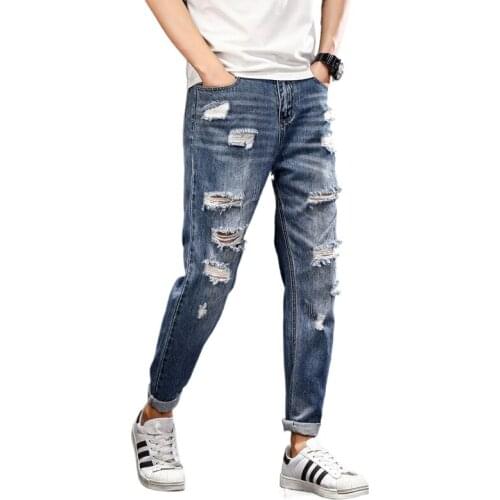 Summer mens hip-hop pants with holes in feet beggars' pants loose plus size fat Harlan distressed jeans Ripped jeans Straight
