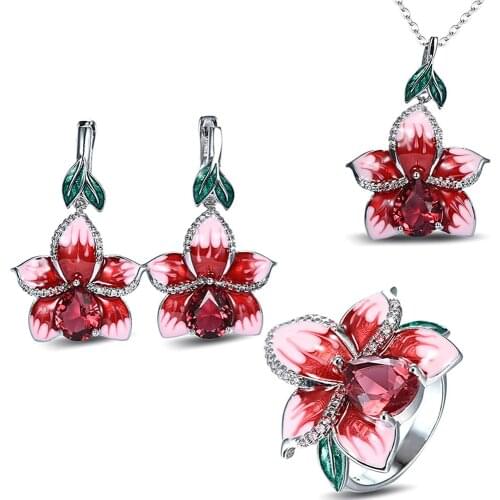 LOTUS ENAMEL RUBY GEMSTONES RED CRYSTAL DROP EARRINGS PENDANT NECKLACES RINGS JEWELRY SETS FOR WOMEN ZIRCON DIAMONDS ACCESSORIES