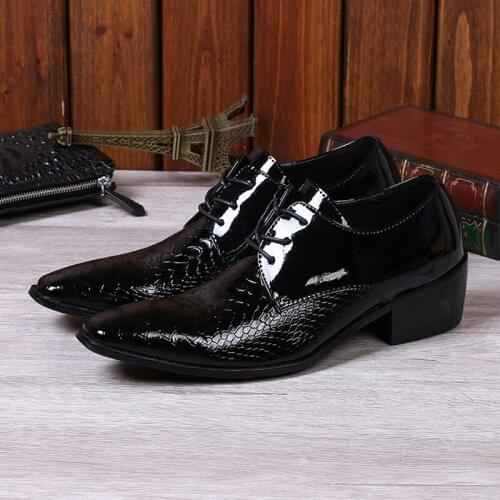 Zapatos hombre mens shoes high heels pointy wedding shoes black genuine leather formal shoes men snake skin fashion loafers