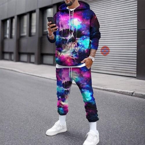 Spring and Autumn New Long Sleeve sweater + Dragon Pants 2-piece Fashion Sports 3D Colorful Skeleton Printing Suit Mens Clothes