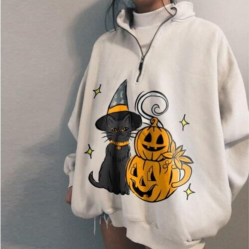 Halloween Casual Sweatshirt Pumpkin Cat Print Pullover Long Sleeve Lapel Zipper Loose Coat Men Women European American Outerwear
