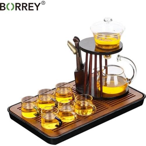 BORREY Heat-resistant Glass Tea Set Turkish Drip Pot Diversion Rotating Cover Bowl Semi-automatic Teapot Lazy Kung Fu Tea Set