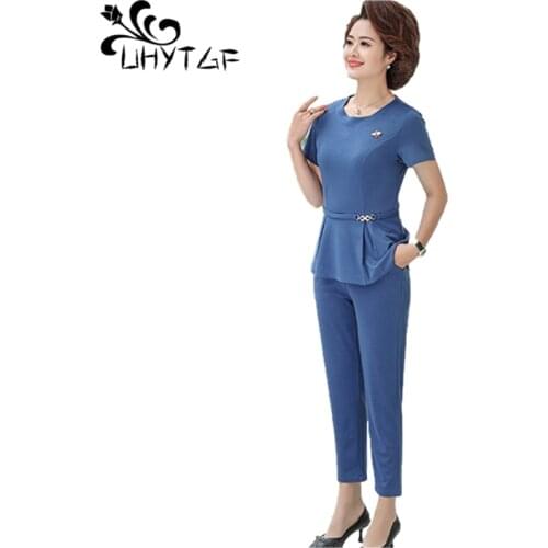 UHYTGF Womens Tracksuit Short-Sleeved Pullover Top Summer Two-Piece Set Elegant Mother Clothing Casual Thin Plus Size Suits1589