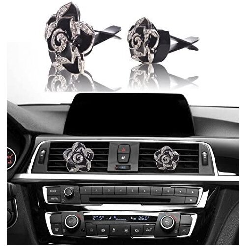 2pcs Crystal Flower Car Vent Ornaments Car Interior Decoration Charm,Car Decor Black Rose Car Bling Accessories
