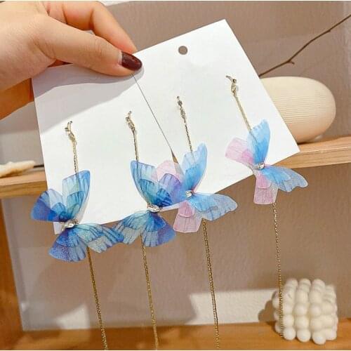 Japanese and Korean Yarn Blue vintage butterfly earrings Korean version of the personality long tassel Vintage earring