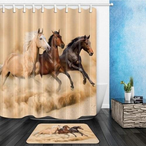 Khaki Black Brown Horse Shower Curtains Set Strong Animal Running Bathroom Decor Home Bathtub Curtain and Flannel Mat Carpet