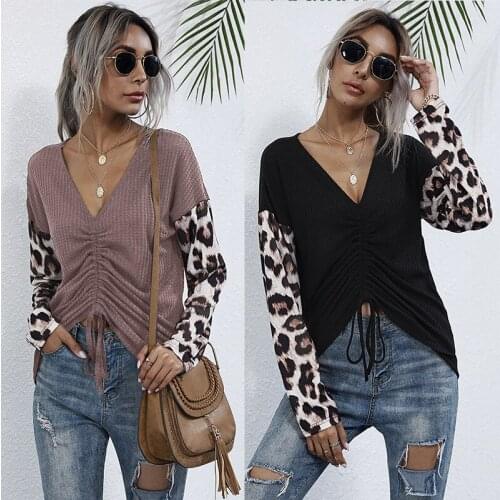 Woman Tshirts Fall 2021 Long Sleeve Loose V-neck Black Leopard Stitching Bottoming T-shirt Women Y2k Top Goth Tees Aesthetic