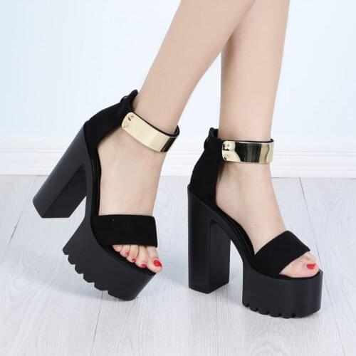 Chunky Heel Sandals Woman Platform Punk Shoes Waterproof Flock Buckle Strap 14CM Thick High Heels Metal decoration shoes woman