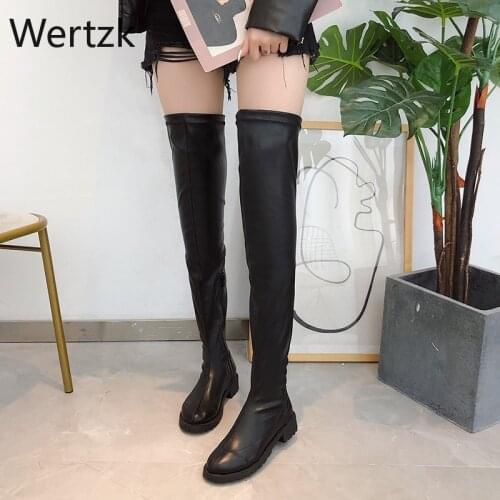 Womens Boots Knee Leather Fashion 2020 Winter Long Boots Plus Size Female Shoes PU Flat Platform Zapatos De Mujer Boots